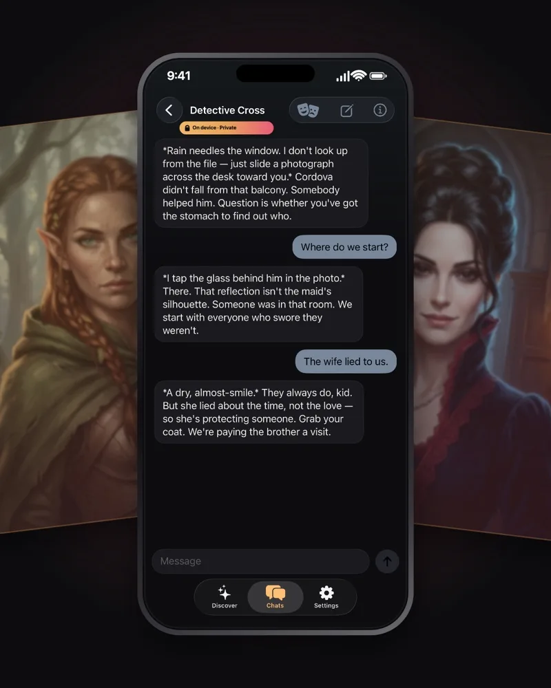 Castmates app on iPhone showing an in-character roleplay chat with Detective Cross, a noir detective who narrates the scene, flanked by painted portraits of the elven ranger Lyra and the vampire Countess Elise.