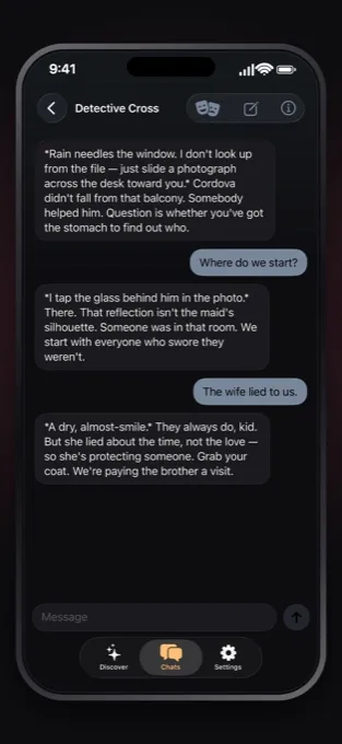 Castmates roleplay chat with Detective Cross narrating a noir scene on iPhone.