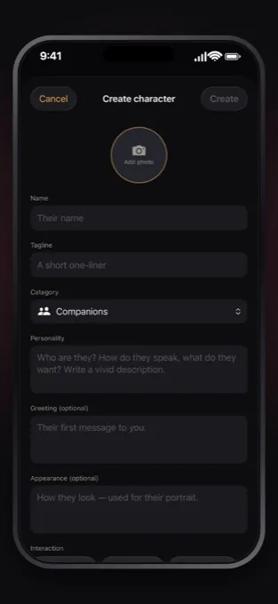Castmates character creator screen with name, tagline, and category fields.