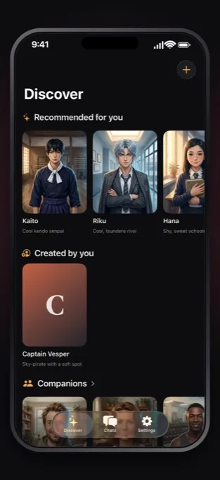 Castmates Discover screen showing recommended characters and genres.