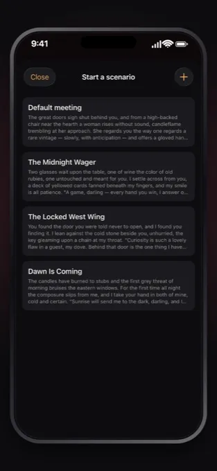 Castmates scenario picker listing several roleplay scenarios to start.