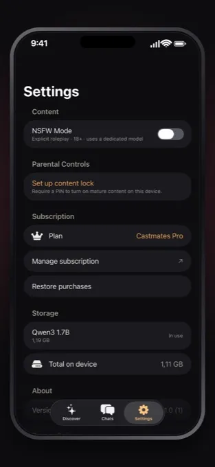 Castmates settings showing the on-device model, content lock, and subscription.